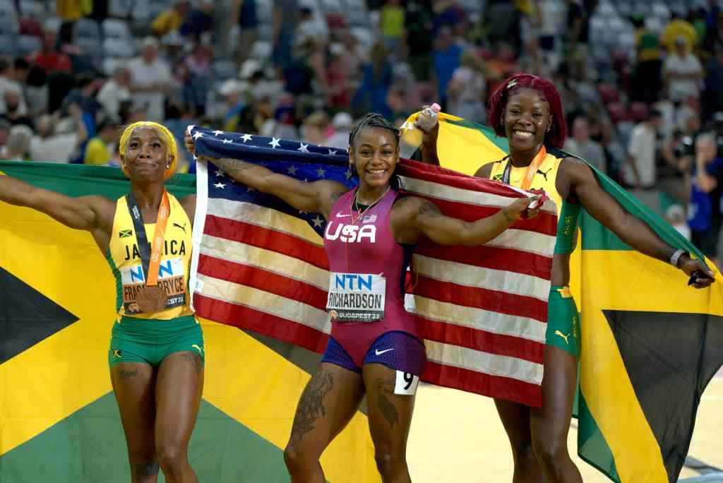 Sprint. (L to R) Shelly-Ann Fraser-Pryce; Sha'Carri Richardson; and Shericka Jackson in Sprint. Cr. Kata Vermes/Netflix © 2024