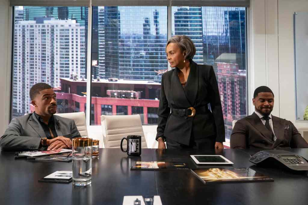 Beauty in Black. (L to R) Steven G. Norfleet as Charles, Debbi Morgan as Olivia, Shannon Wallace as Calvin in episode 103 of Beauty in Black. Cr. Calvin Ashford/Netflix © 2024
