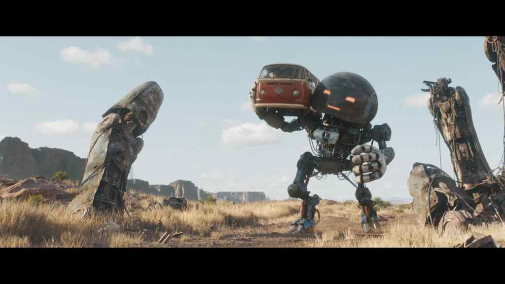 The Electric State. Herman (voiced by Anthony Mackie) provides a helping hand to Michelle (Millie Bobby Brown), Cosmo (voiced by Alan Tudyk) and Keats (Chris Pratt) in The Electric State. ™/© 2024 Netflix. Used with permission.