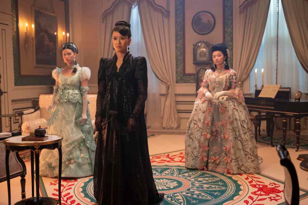 Bridgerton Season 4 Trailer and New Photos Reveal Benedict’s Love Story 19 Bridgerton. (L to R) Isabella Wei as Posy Li, Katie Leung as Lady Araminta Gao, Michelle Mao as Rosamund Li in episode 401 of Bridgerton. Cr. Liam Daniel/Netflix © 2025