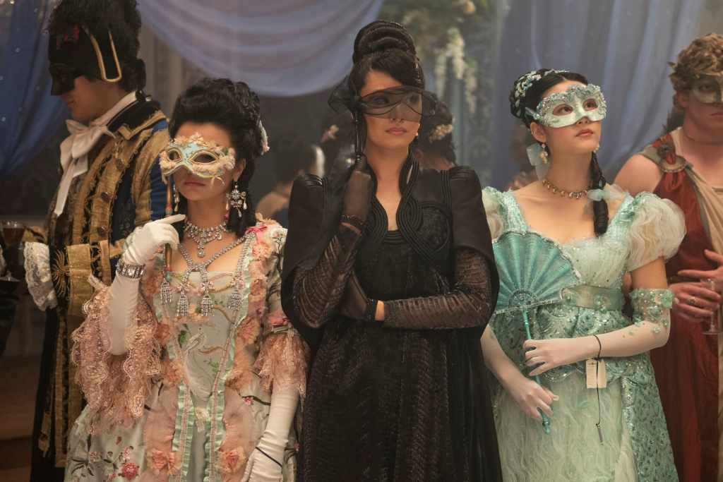 Bridgerton Season 4 Trailer and New Photos Reveal Benedict’s Love Story 21 Bridgerton. (L to R) Michelle Mao as Rosamund Li, Katie Leung as Lady Araminta Gao, Isabella Wei as Posy Li in episode 401 of Bridgerton. Cr. Liam Daniel/Netflix © 2025