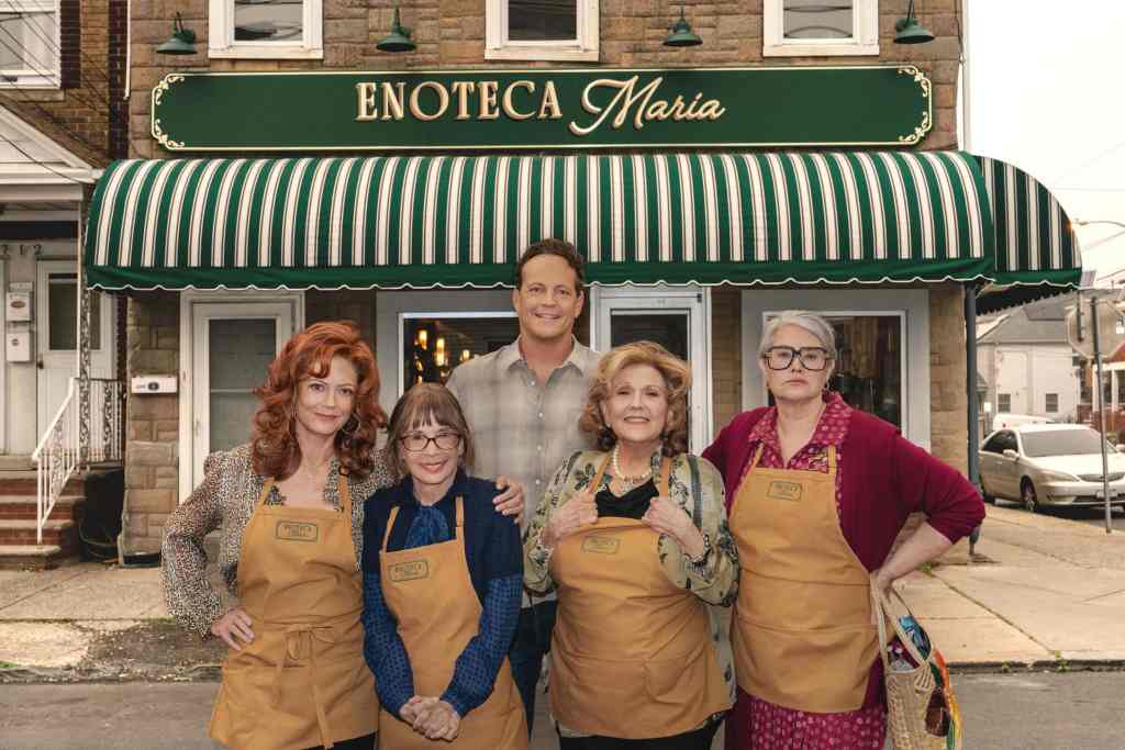 Everything Coming To Netflix in May 2025 4 Nonnas. (L-R) Susan Sarandon as Gia, Talia Shire as Teresa, Vince Vaughn as Joe Scaravella, Brenda Vaccaro as Antonella and Lorraine Bracco as Roberta in Nonnas. Cr. Jeong Park/Netflix © 2025.
