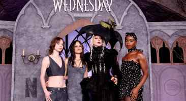 NEW YORK, NEW YORK - AUGUST 28: (L-R) Emma Myers, Jenna Ortega, Lady Gaga and Joy Sunday attend the Netflix x Spotify Wednesday Season 2 Graveyard Gala at Guastavino's on August 28, 2025 in New York City. (Photo by Jamie McCarthy/Getty Images for Netflix)