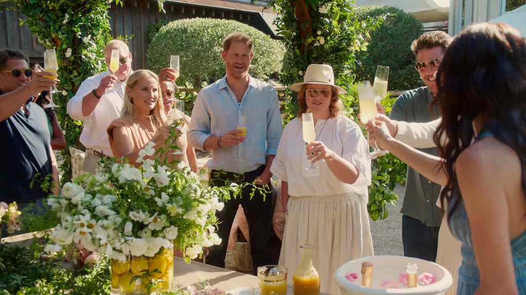 Harry and Meghan Double Down on Netflix: What’s Next for Archewell Productions 4 With Love, Meghan. (L to R) Matt Cohen, Brian Kocinski, Heather Dorak, Doria Ragland, Prince Harry, Genevieve Hillis, Julian Zafjen, Meghan, Duchess of Sussex in episode 108 of With Love, Meghan. Cr. Courtesy of Netflix © 2025